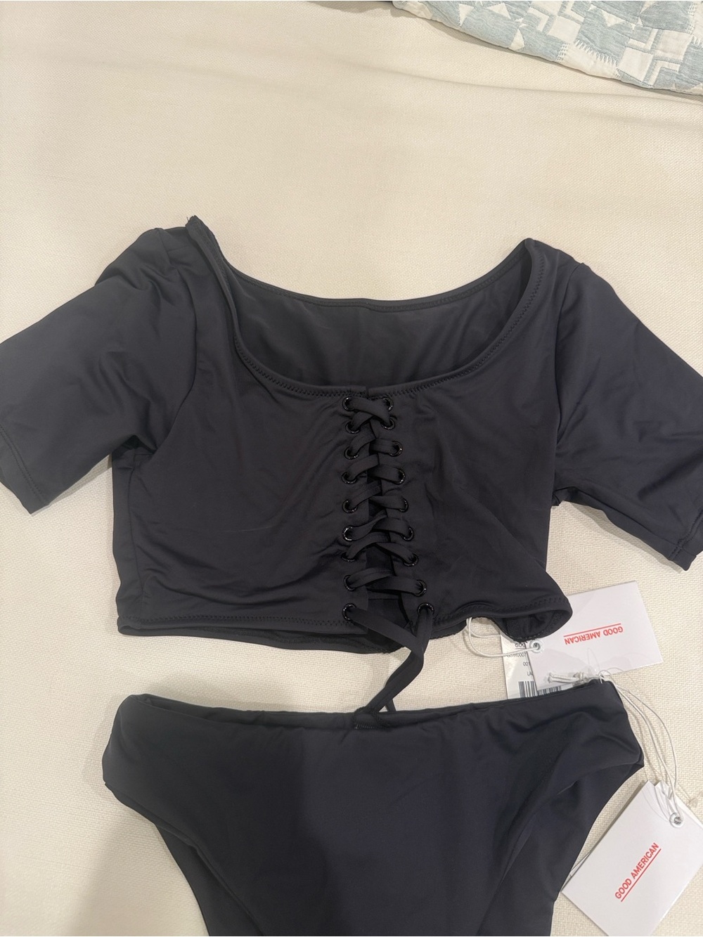 Good American Black High-Waist Bikini Bottom and Lace Up Top